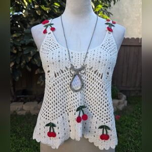 White Crochet Top with Cherry Accents